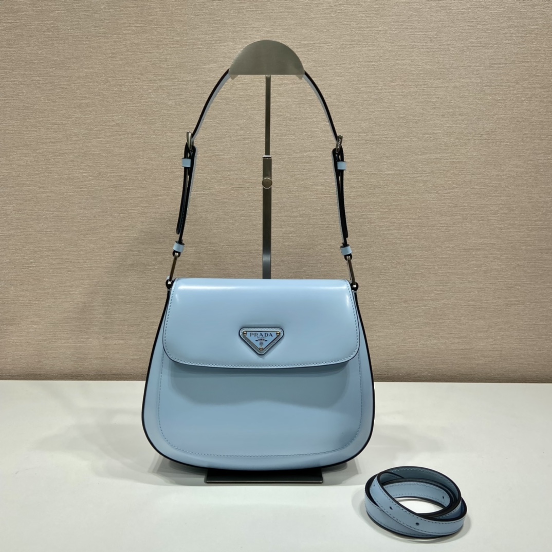 Prada Cleo Brushed Leather Shoulder Bag With Flap Light Blue 1BD303